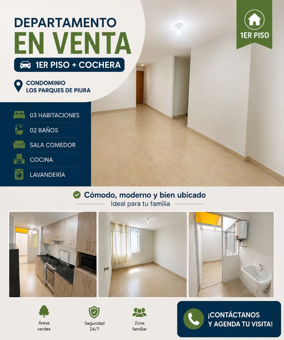DEPARTAMENTO EN VENTA – 1ER PISO + COCHERA - CONDOMINIO LOS PARQUES DE PIURA